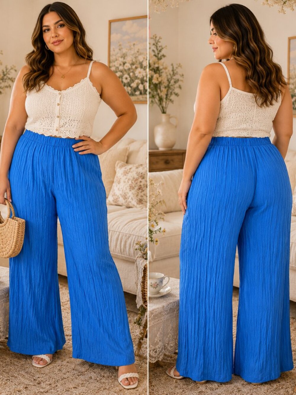 Boho Cobalt Blue Crinkle Palazzo Pants Wide Leg Pull On Flowy XL - Picture 1 of 10